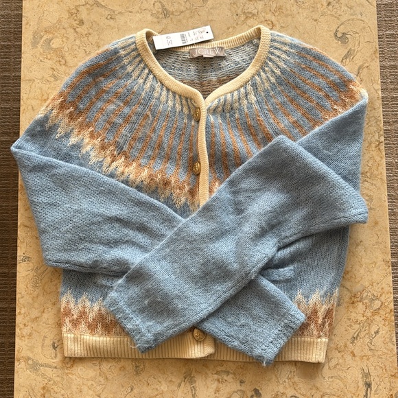 J. Crew Fair Isle Cropped Cardigan Sweater in Brushed Yarn Blue/Tan Small NWT - Picture 8 of 15